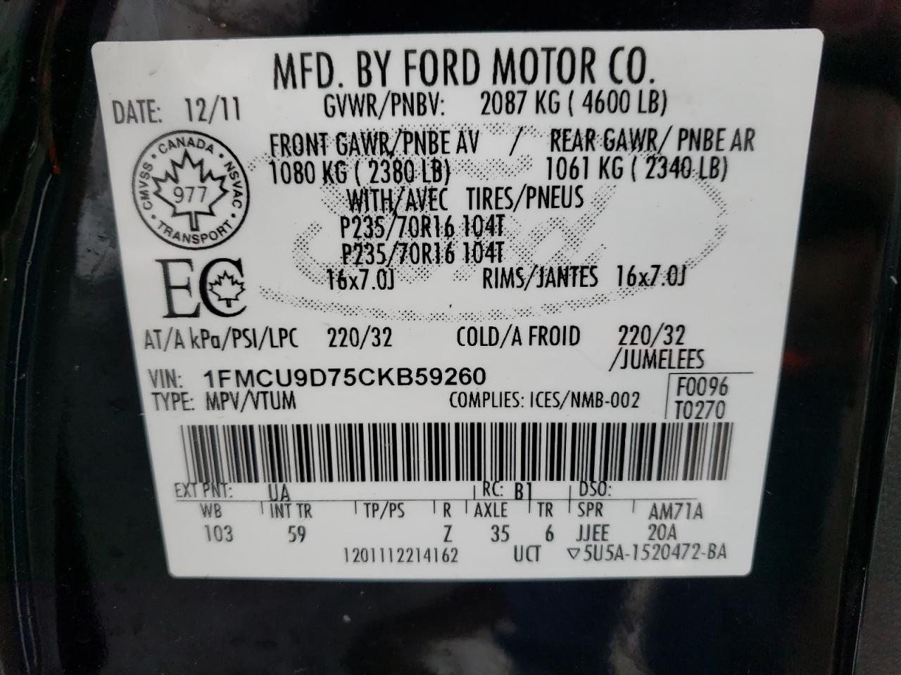 Photo 10 from auction – 2012 FORD ESCAPE XLT with VIN 1FMCU9D75CKB59260