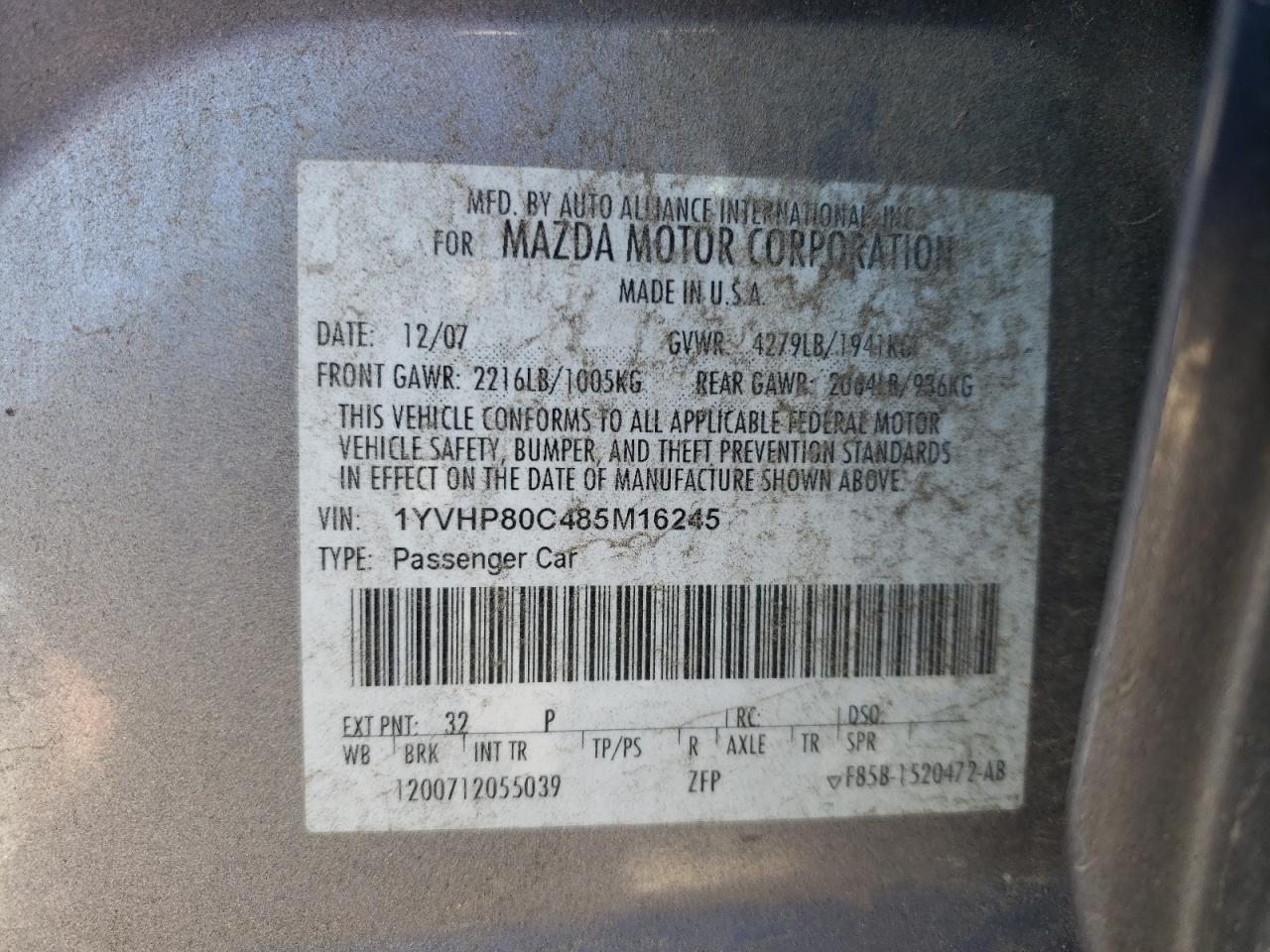 Photo 10 from auction – 2008 MAZDA 6 I with VIN 1YVHP80C485M16245