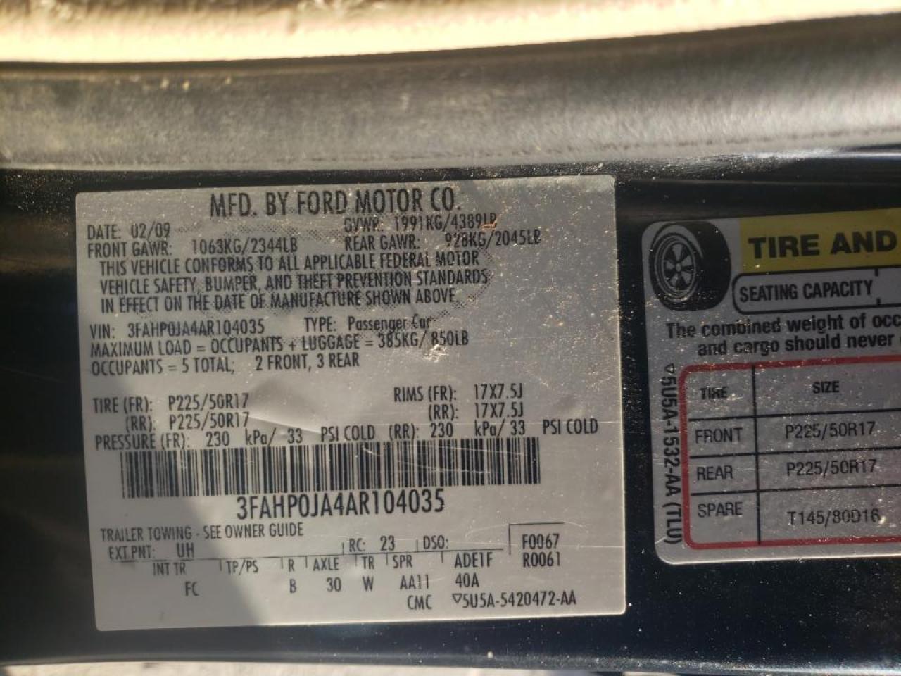 Photo 10 from auction – 2010 FORD FUSION SEL with VIN 3FAHP0JA4AR104035