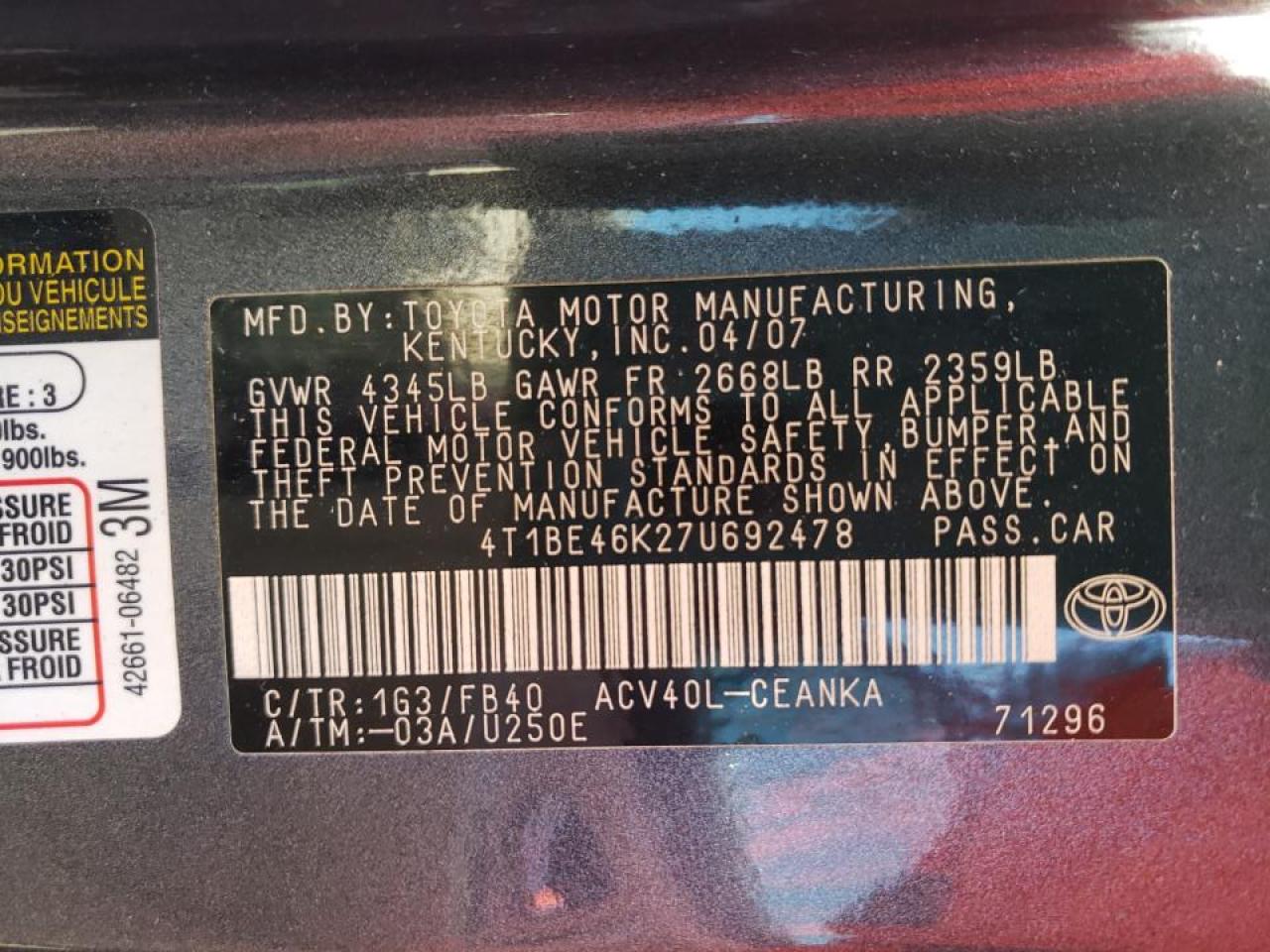 Photo 10 from auction – 2007 TOYOTA CAMRY CE with VIN 4T1BE46K27U692478