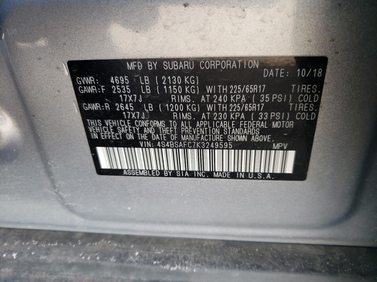 Photo 10 from auction – 2019 SUBARU OUTBACK 2. with VIN 4S4BSAFC7K3249595