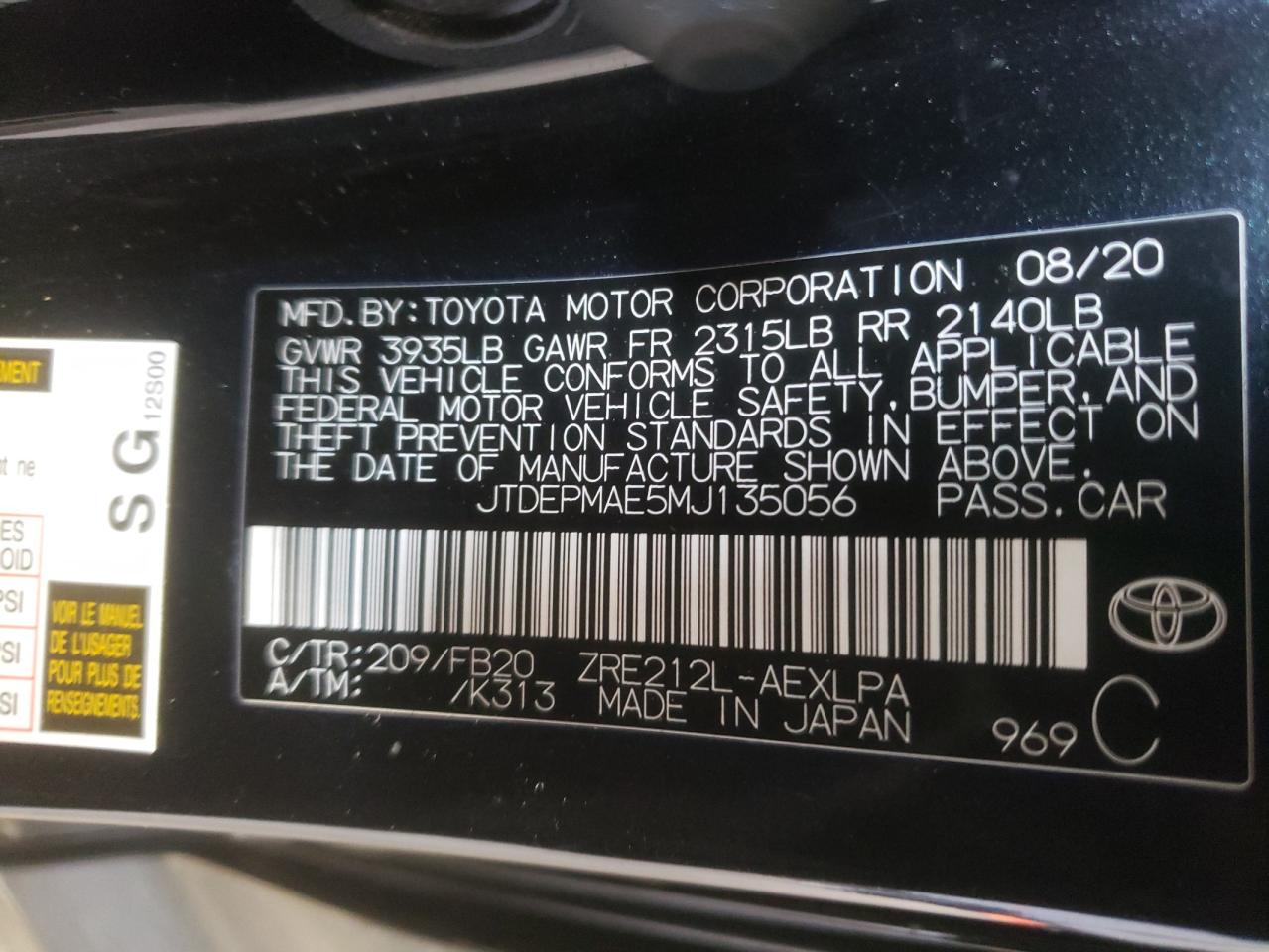 Photo 10 from auction – 2021 TOYOTA COROLLA LE with VIN JTDEPMAE5MJ135056