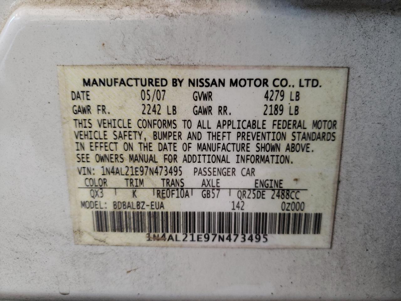 Photo 10 from auction – 2007 NISSAN ALTIMA 2.5 with VIN 1N4AL21E97N473495