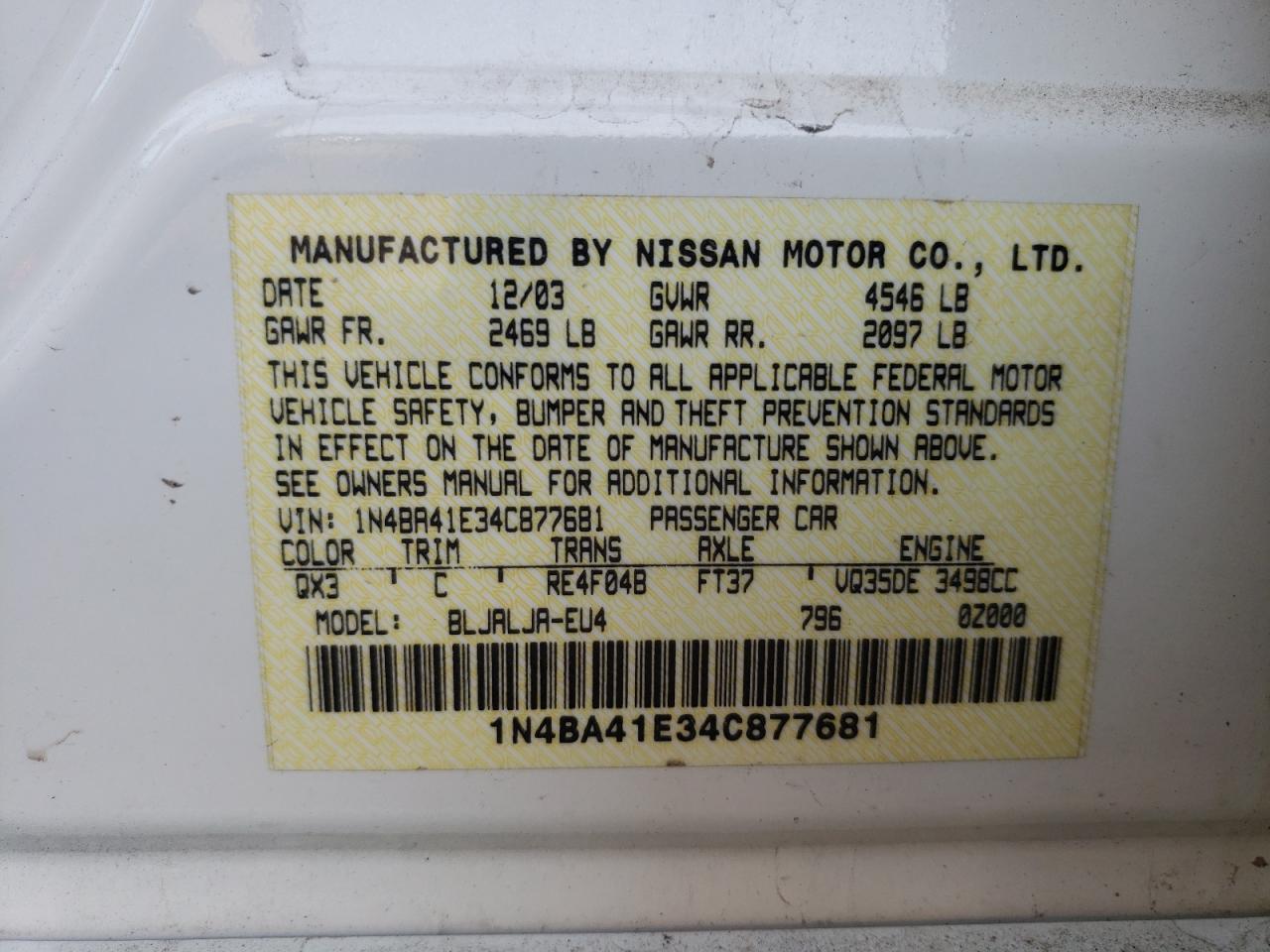 Photo 10 from auction – 2004 NISSAN MAXIMA SE with VIN 1N4BA41E34C877681