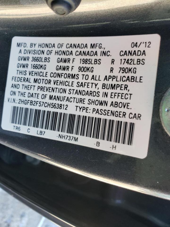Photo 10 from auction – 2012 HONDA CIVIC LX with VIN 2HGFB2F57CH563812