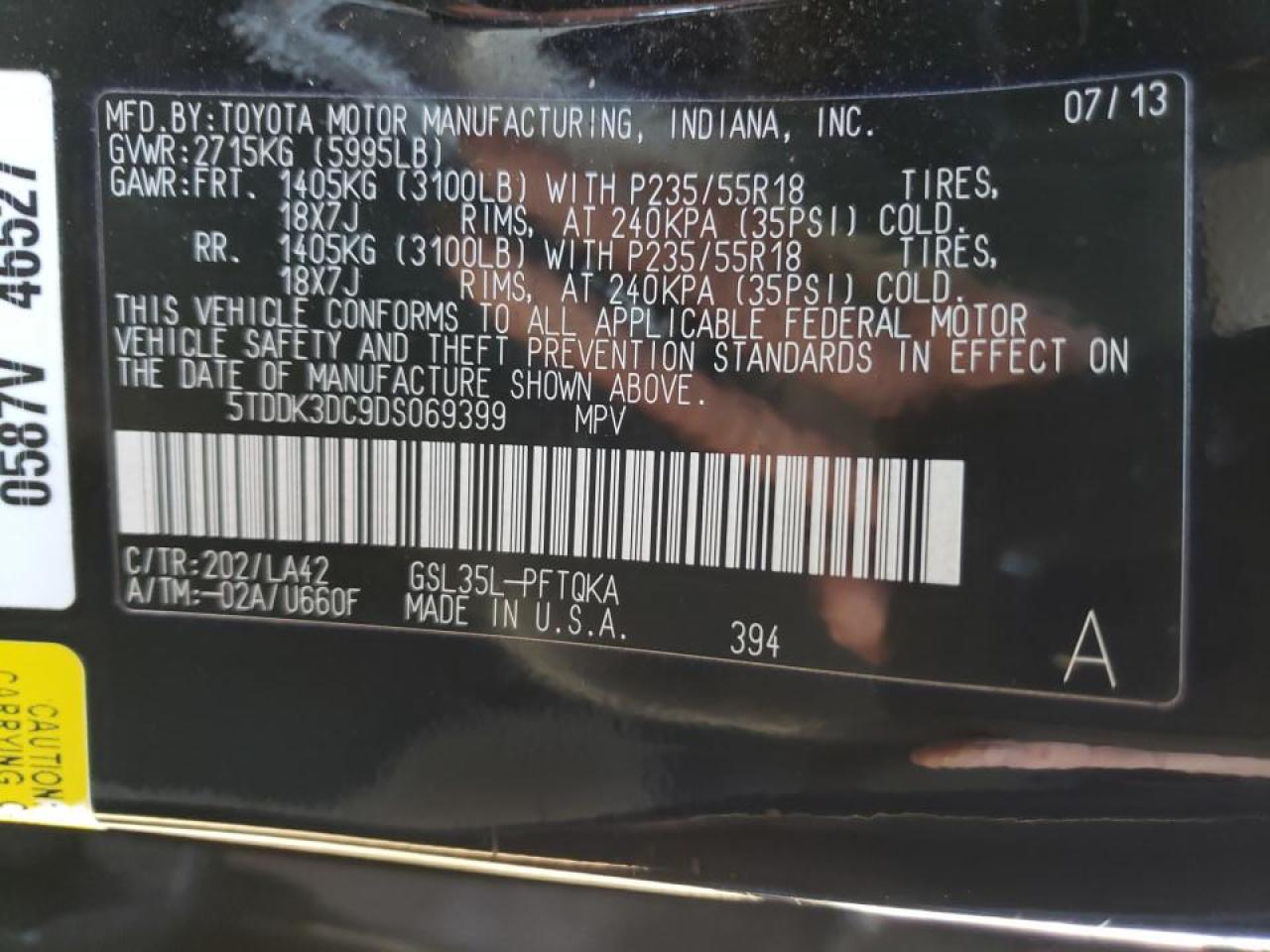 Photo 10 from auction – 2013 TOYOTA SIENNA XLE with VIN 5TDDK3DC9DS069399