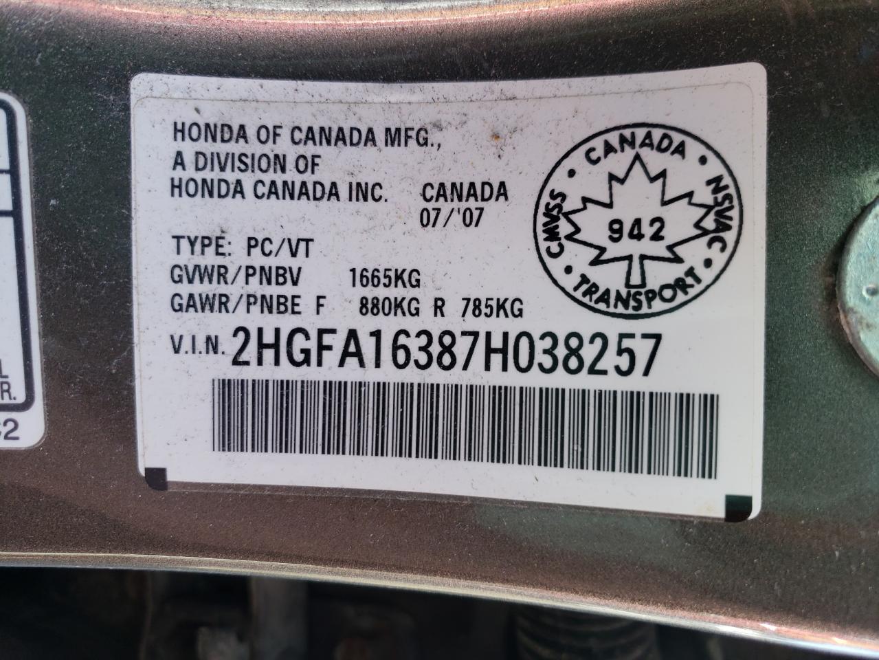 Photo 10 from auction – 2007 HONDA CIVIC DX with VIN 2HGFA16387H038257
