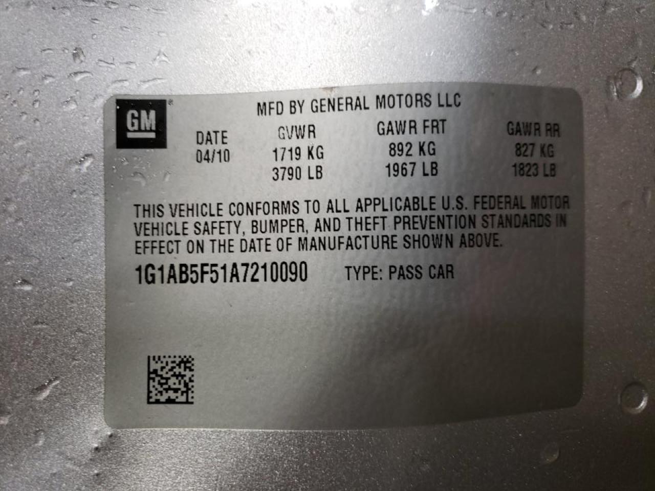Photo 10 from auction – 2010 CHEVROLET COBALT LS with VIN 1G1AB5F51A7210090
