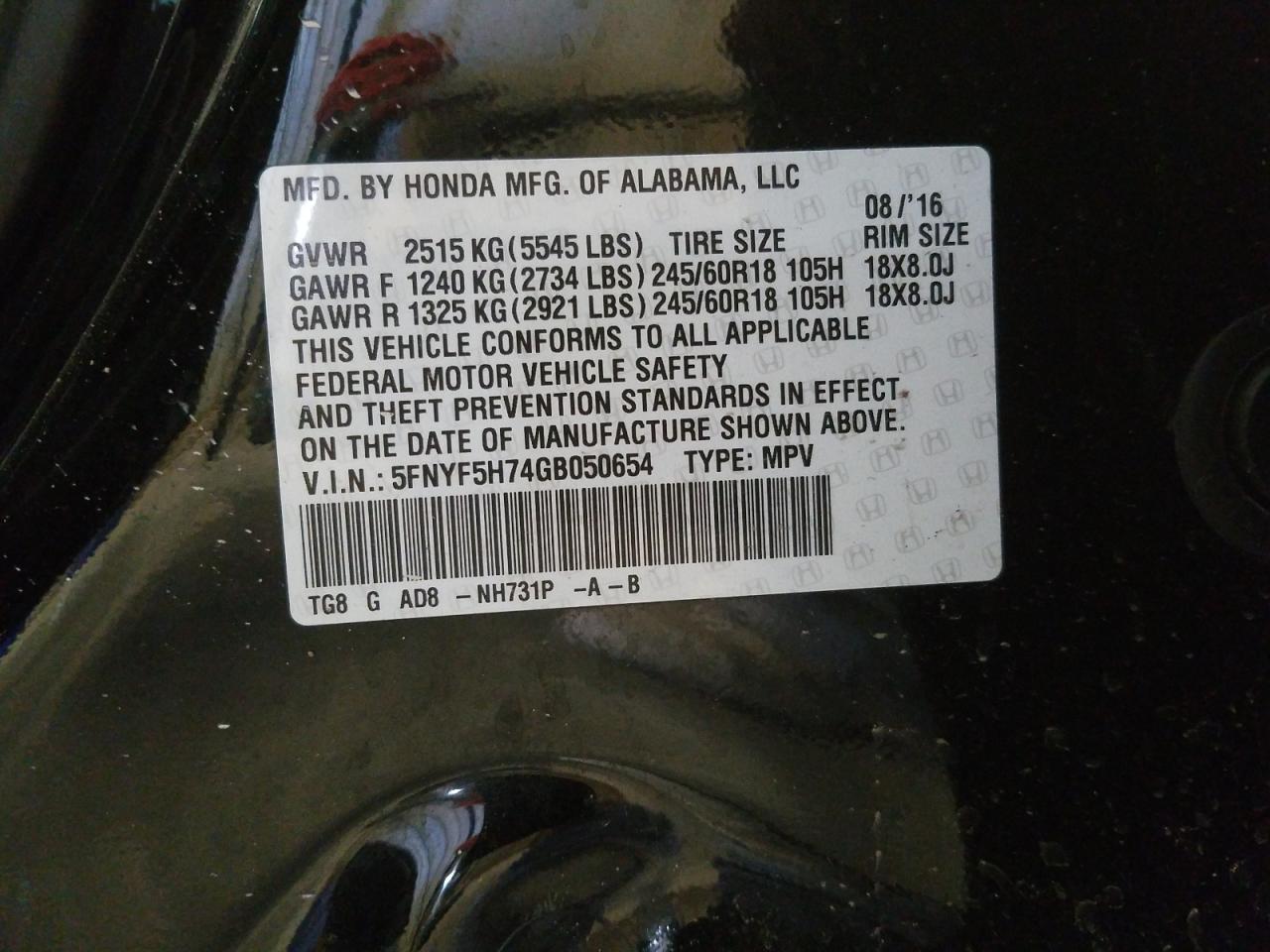 Photo 10 from auction – 2016 HONDA PILOT EXLN with VIN 5FNYF5H74GB050654