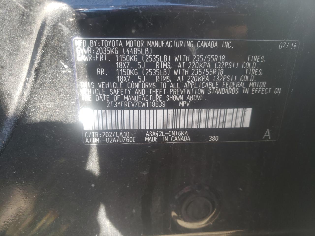 Photo 10 from auction – 2014 TOYOTA RAV4 LIMIT with VIN 2T3YFREV7EW118639