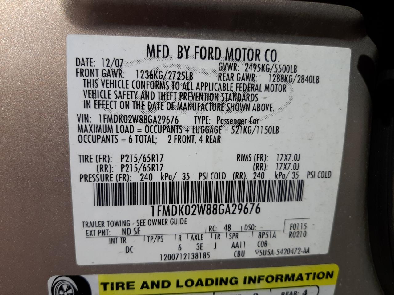 Photo 10 from auction – 2008 FORD TAURUS X S with VIN 1FMDK02W88GA29676