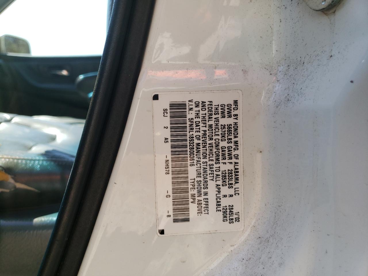 Photo 10 from auction – 2002 HONDA ODYSSEY EX with VIN 5FNRL18932B003616