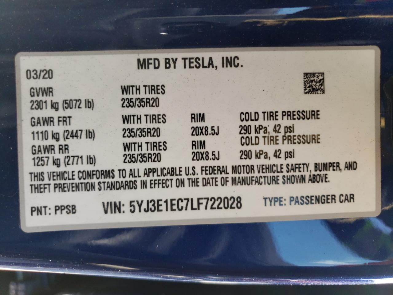 Photo 10 from auction – 2020 TESLA MODEL 3 with VIN 5YJ3E1EC7LF722028
