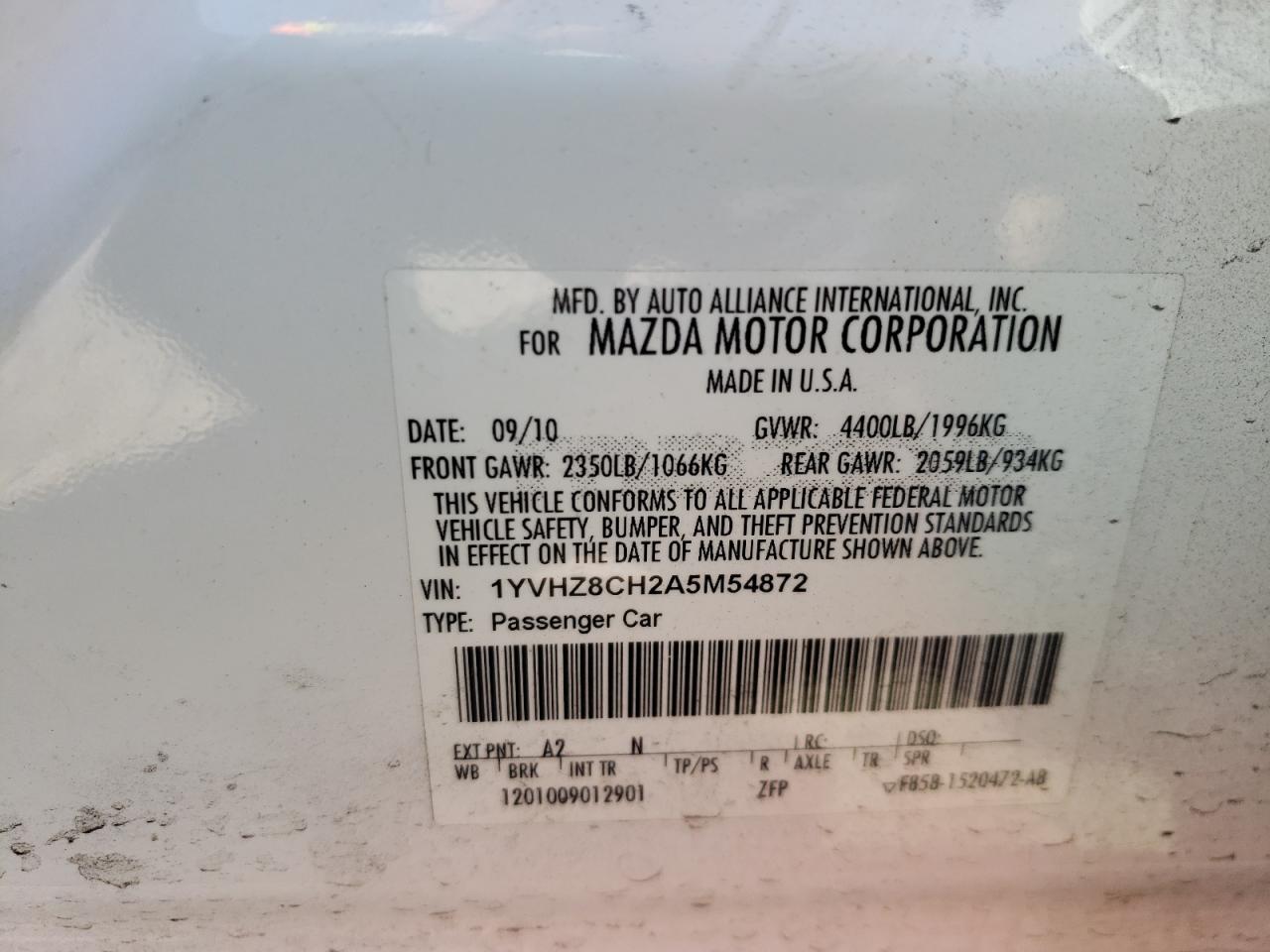 Фото 10 с аукциона – 2010 MAZDA 6 I с VIN 1YVHZ8CH2A5M54872