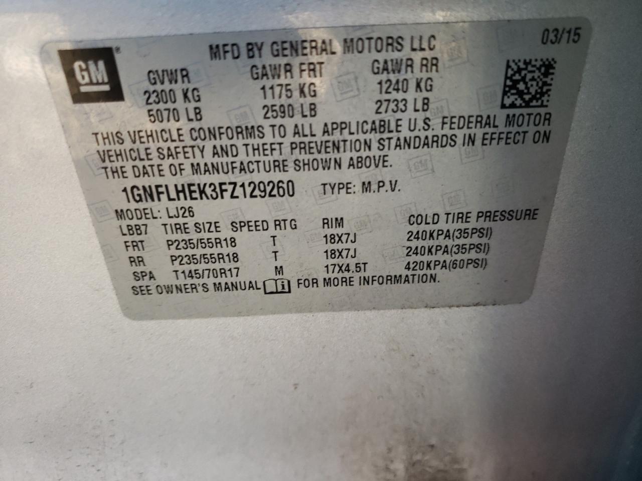 Photo 10 from auction – 2015 CHEVROLET EQUINOX LT with VIN 1GNFLHEK3FZ129260