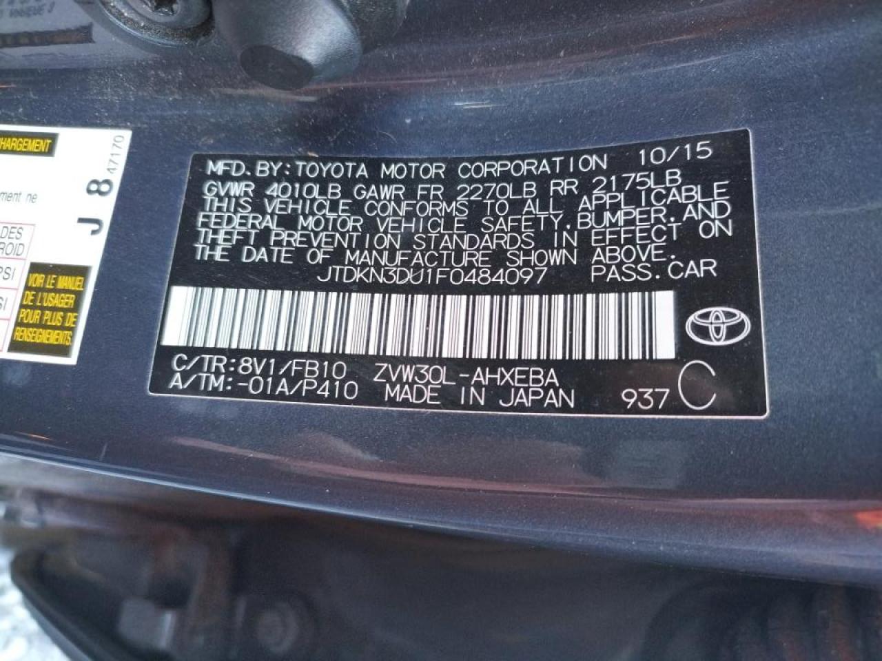 Photo 10 from auction – 2015 TOYOTA PRIUS with VIN JTDKN3DU1F0484097