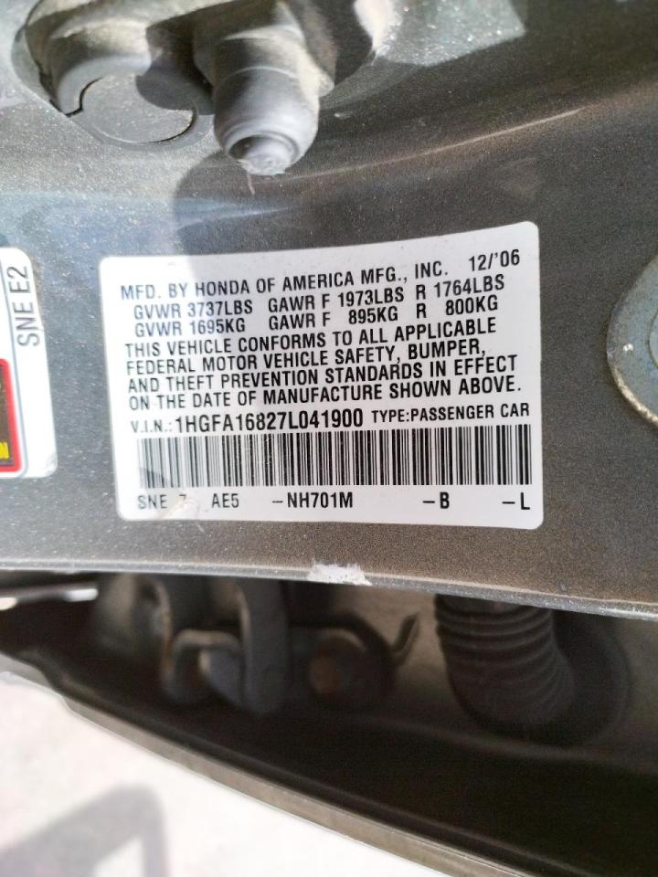 Photo 10 from auction – 2007 HONDA CIVIC EX with VIN 1HGFA16827L041900