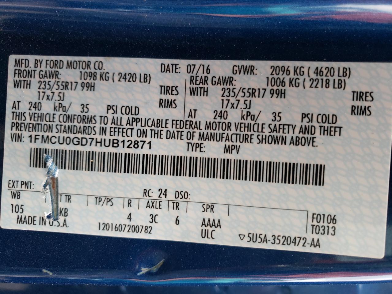 Photo 10 from auction – 2017 FORD ESCAPE SE with VIN 1FMCU0GD7HUB12871