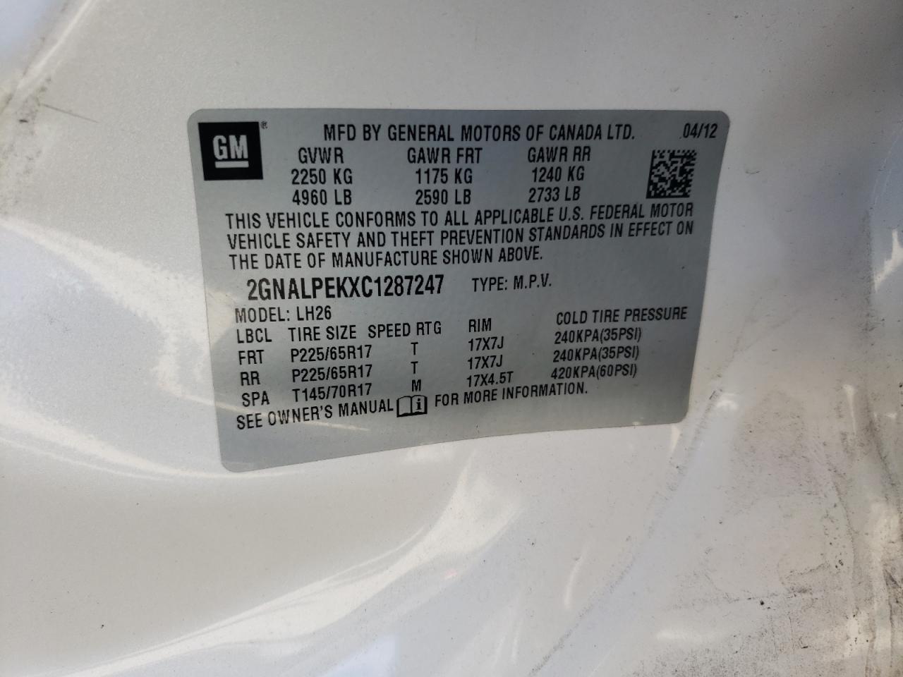 Photo 10 from auction – 2012 CHEVROLET EQUINOX LT with VIN 2GNALPEKXC1287247