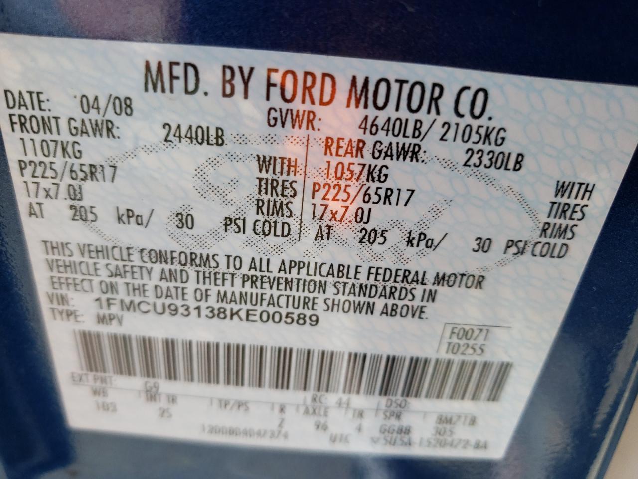 Photo 10 from auction – 2008 FORD ESCAPE XLT with VIN 1FMCU93138KE00589