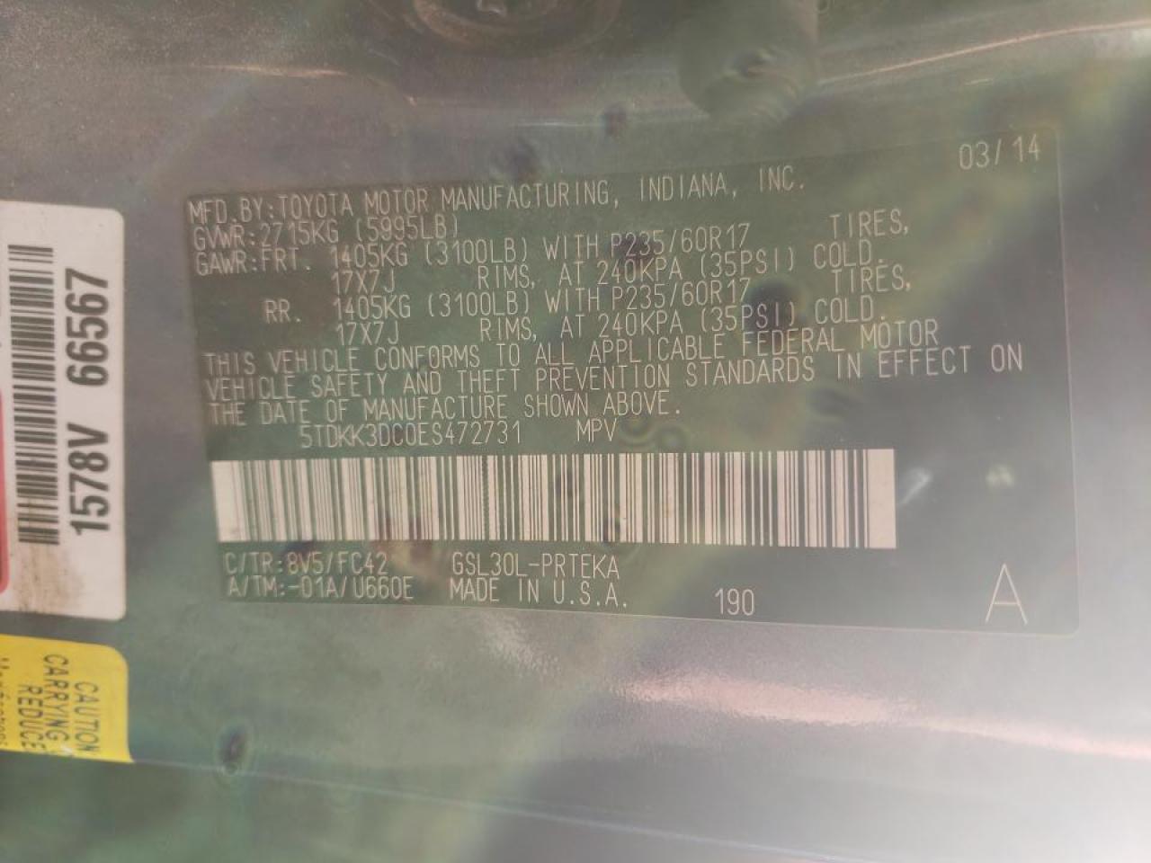 Photo 10 from auction – 2014 TOYOTA SIENNA LE with VIN 5TDKK3DC0ES472731
