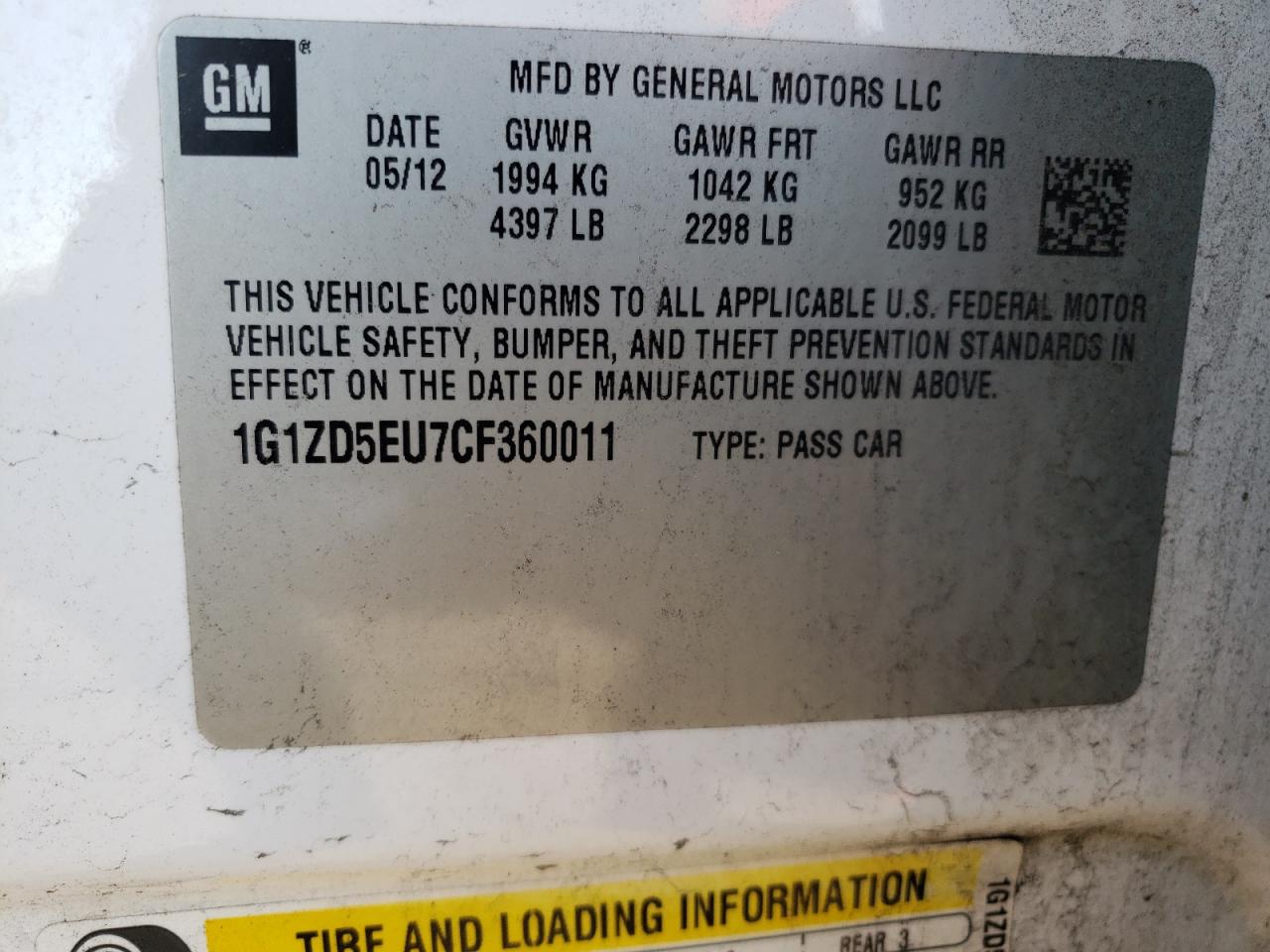 Photo 10 from auction – 2012 CHEVROLET MALIBU 2LT with VIN 1G1ZD5EU7CF360011