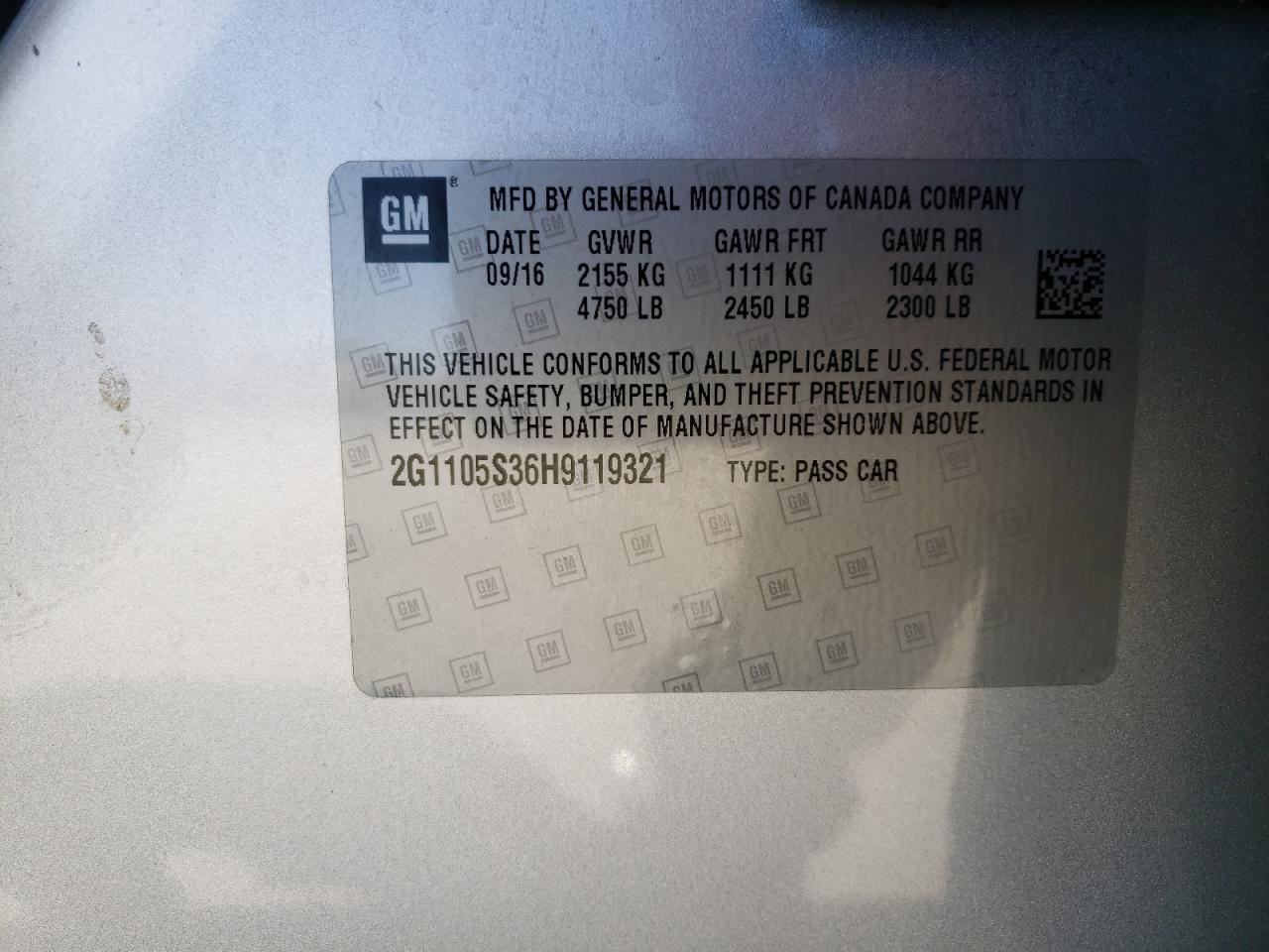 Photo 10 from auction – 2017 CHEVROLET IMPALA LT with VIN 2G1105S36H9119321