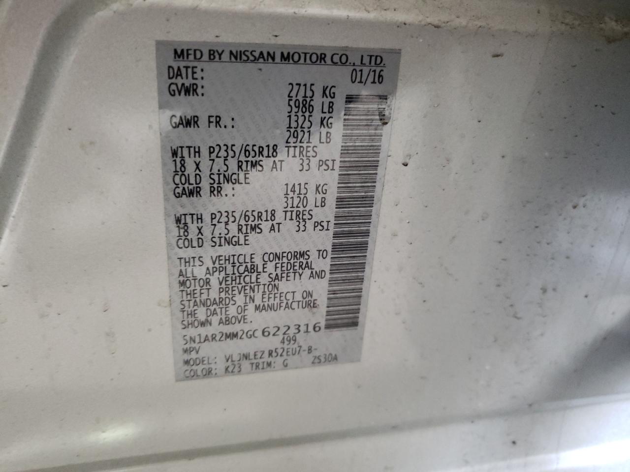 Photo 10 from auction – 2016 NISSAN PATHFINDER with VIN 5N1AR2MM2GC622316