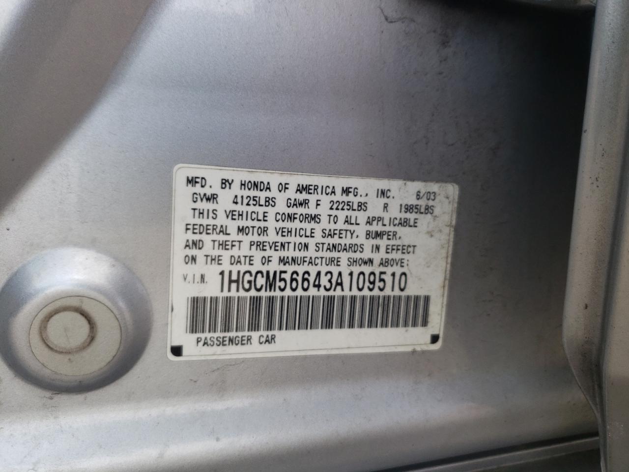 Photo 10 from auction – 2003 HONDA ACCORD EX with VIN 1HGCM56643A109510