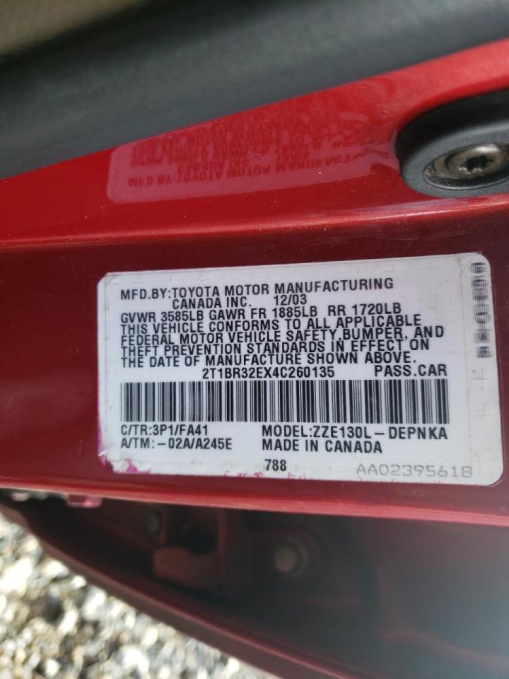 Photo 10 from auction – 2004 TOYOTA COROLLA CE with VIN 2T1BR32EX4C260135