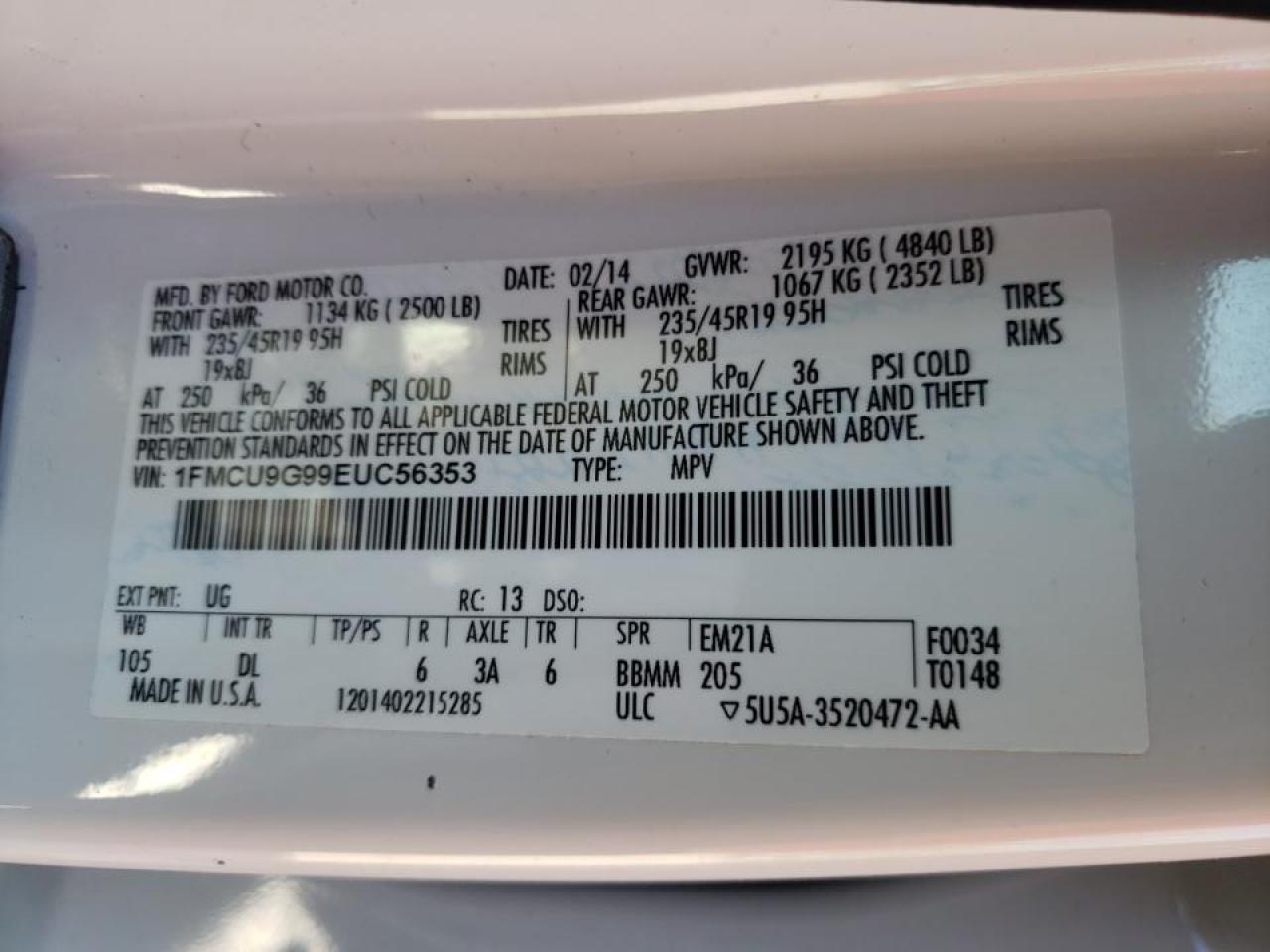 Photo 10 from auction – 2014 FORD ESCAPE SE with VIN 1FMCU9G99EUC56353