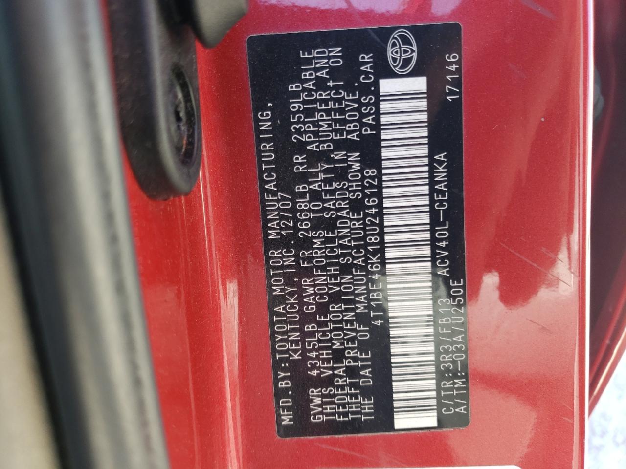 Photo 10 from auction – 2008 TOYOTA CAMRY CE with VIN 4T1BE46K18U246128