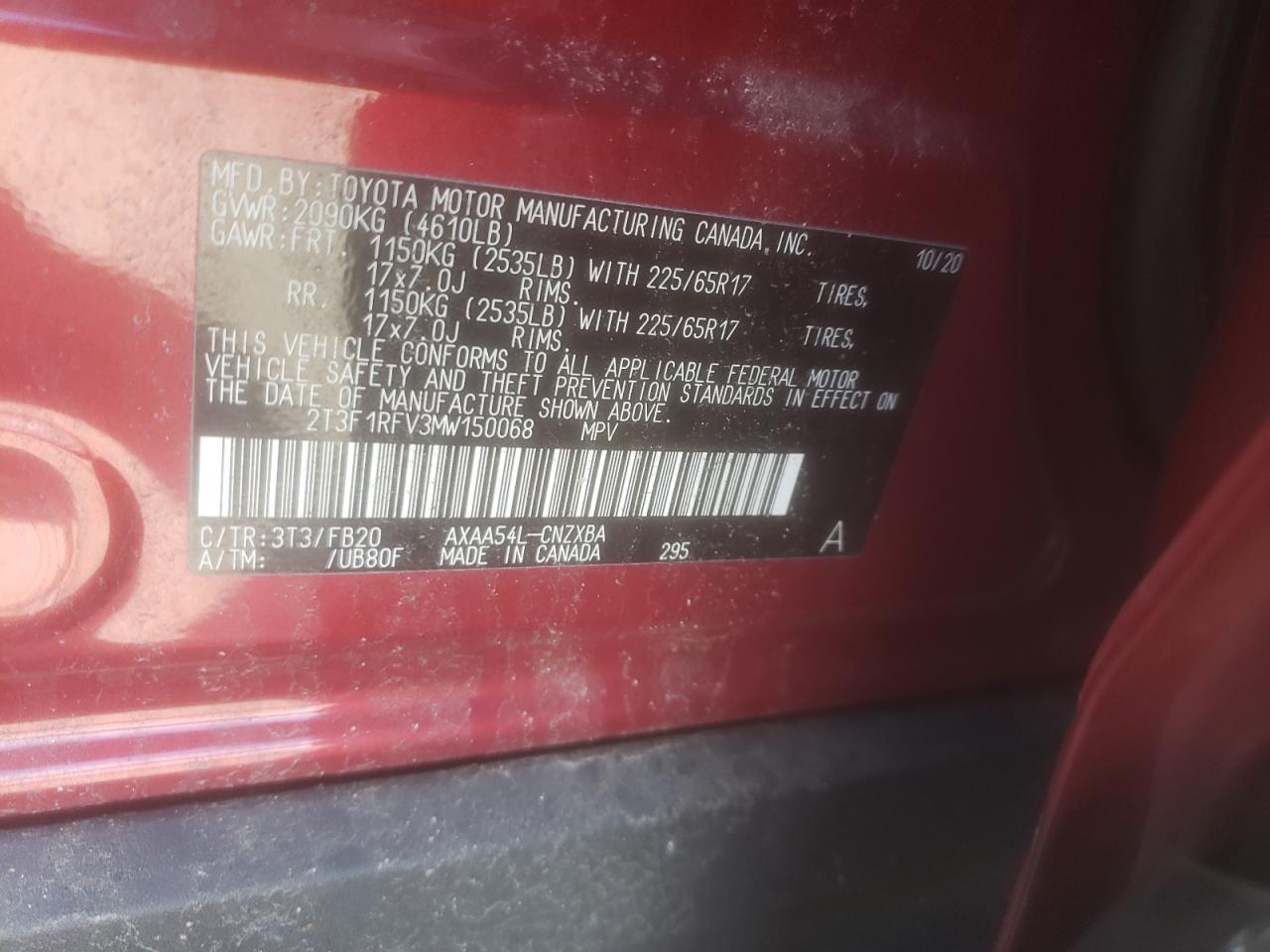 Photo 10 from auction – 2021 TOYOTA RAV4 LE with VIN 2T3F1RFV3MW150068