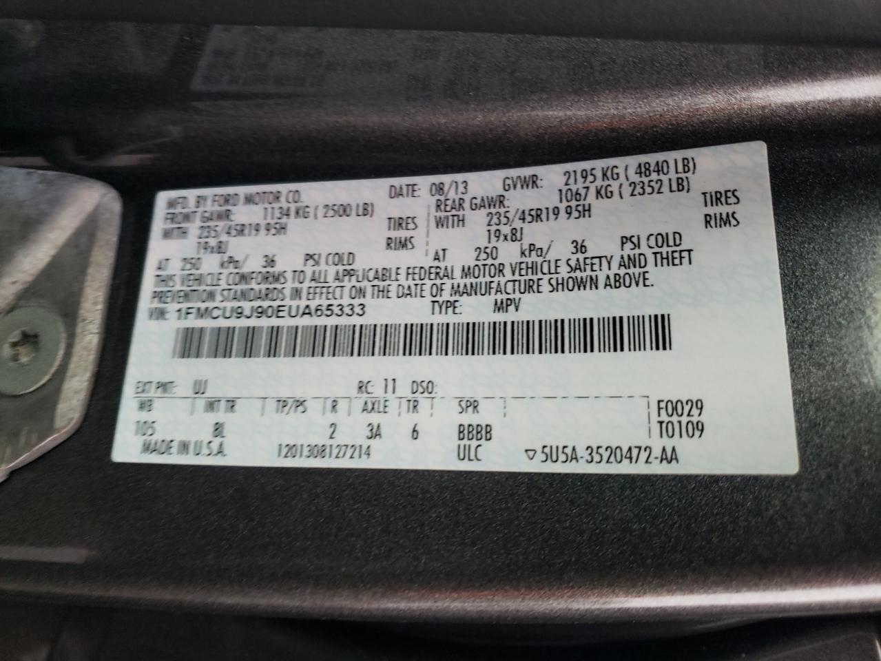 Photo 10 from auction – 2014 FORD ESCAPE TIT with VIN 1FMCU9J90EUA65333