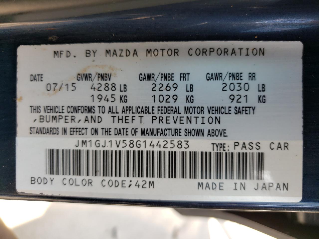 Photo 10 from auction – 2016 MAZDA 6 TOURING with VIN JM1GJ1V58G1442583