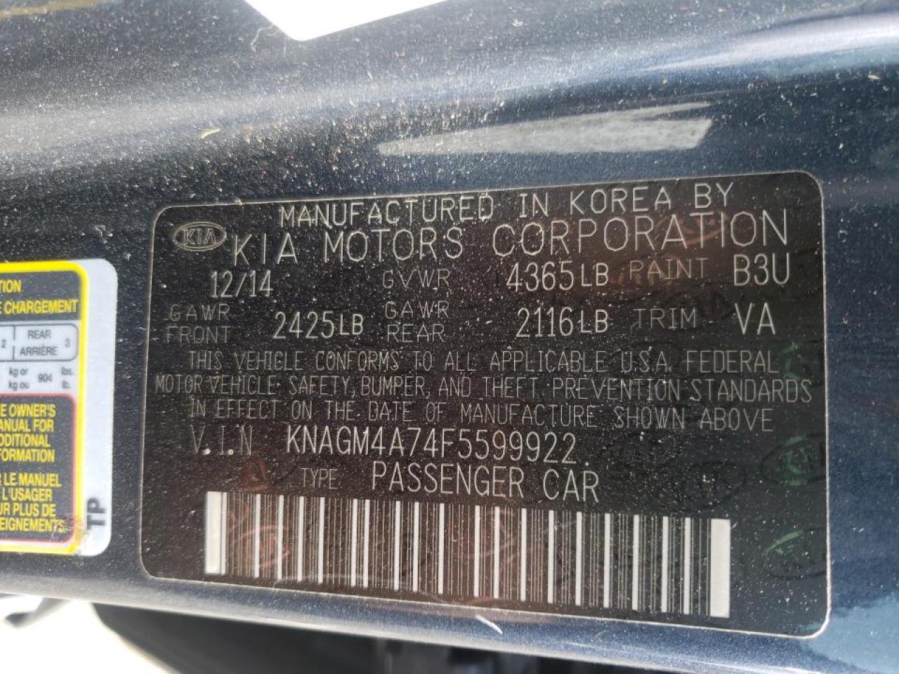 Zdjęcie 10 z aukcji – 2015 KIA OPTIMA LX z VIN KNAGM4A74F5599922