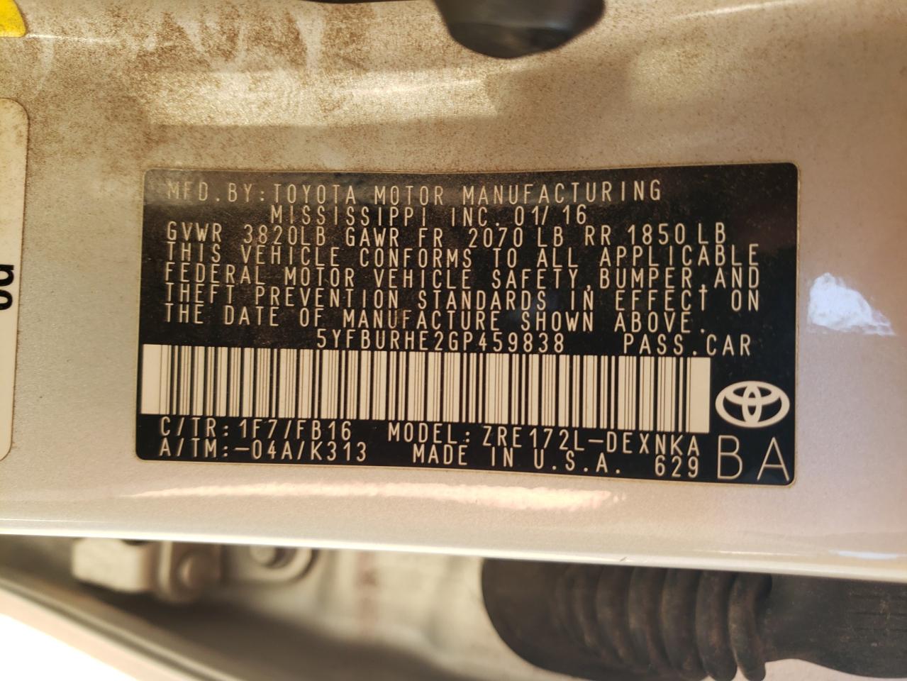 Photo 10 from auction – 2016 TOYOTA COROLLA L with VIN 5YFBURHE2GP459838