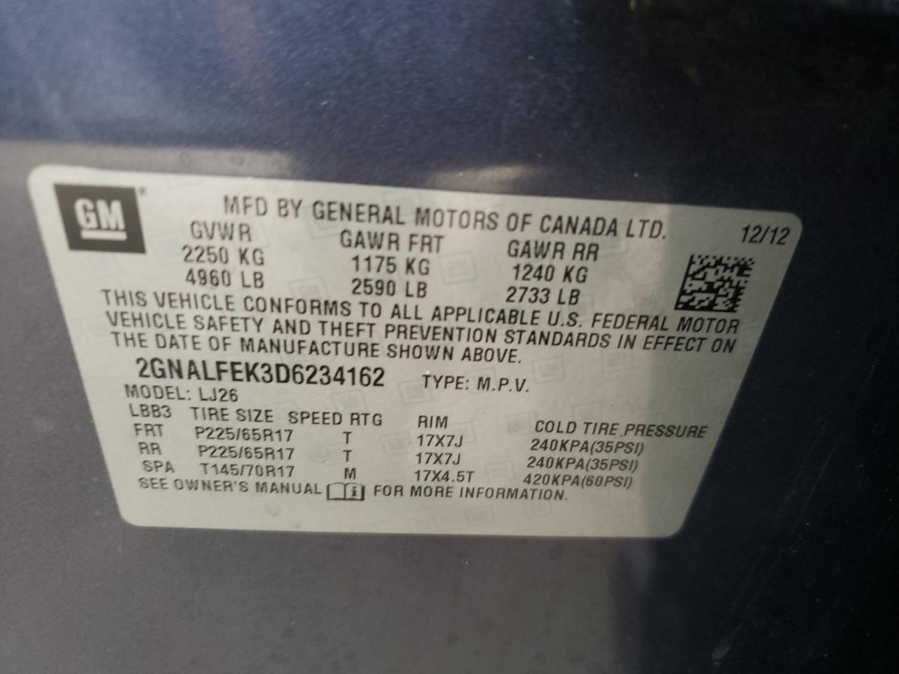Photo 10 from auction – 2013 CHEVROLET EQUINOX LT with VIN 2GNALFEK3D6234162