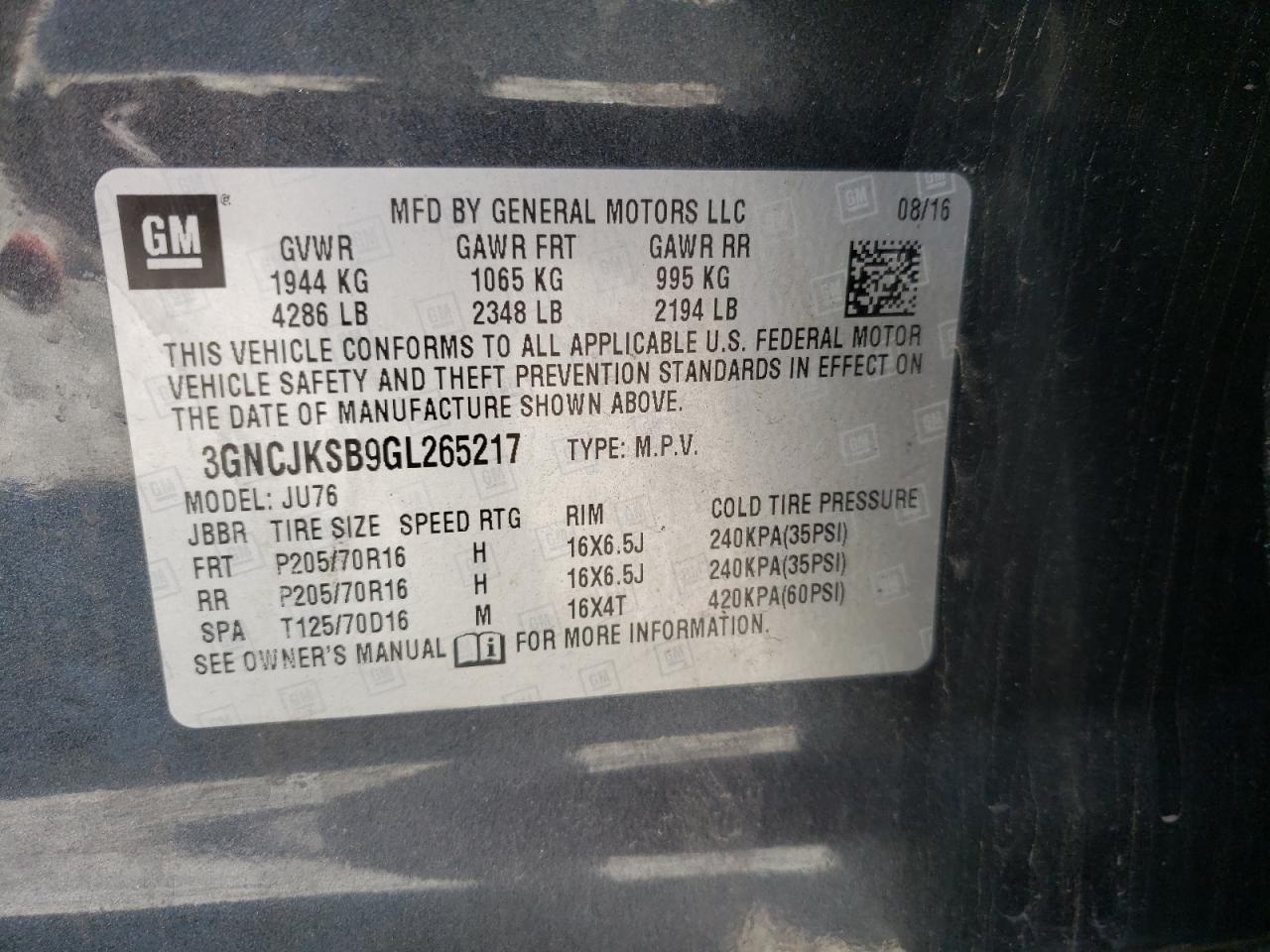 Photo 10 from auction – 2016 CHEVROLET TRAX LS with VIN 3GNCJKSB9GL265217