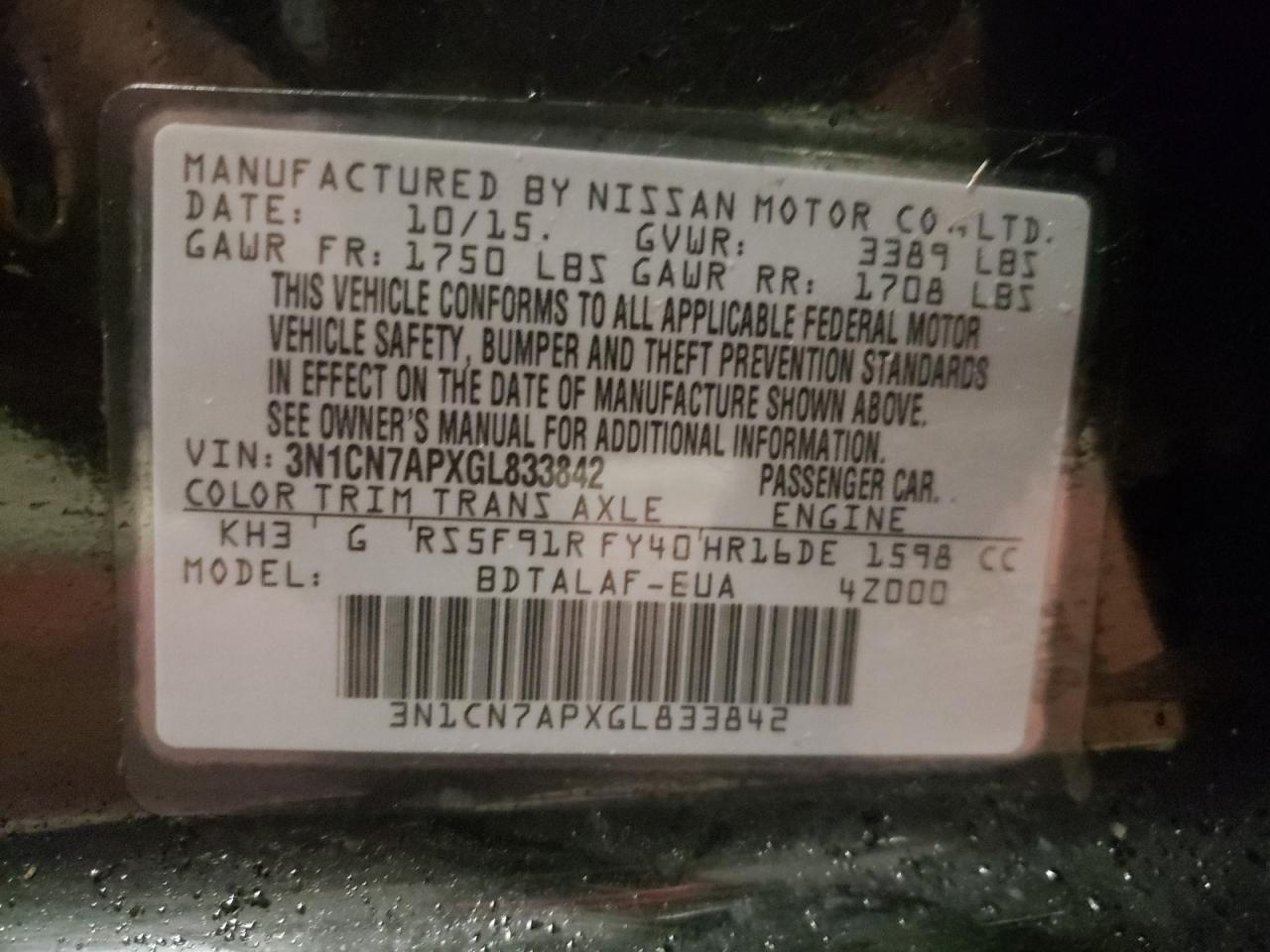 Photo 10 from auction – 2016 NISSAN VERSA S with VIN 3N1CN7APXGL833842