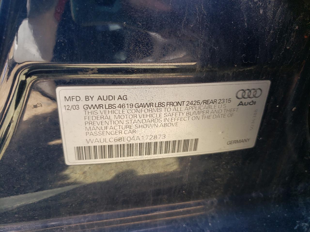 Photo 10 from auction – 2004 AUDI A4 AVANT Q with VIN WAULC68E04A172873