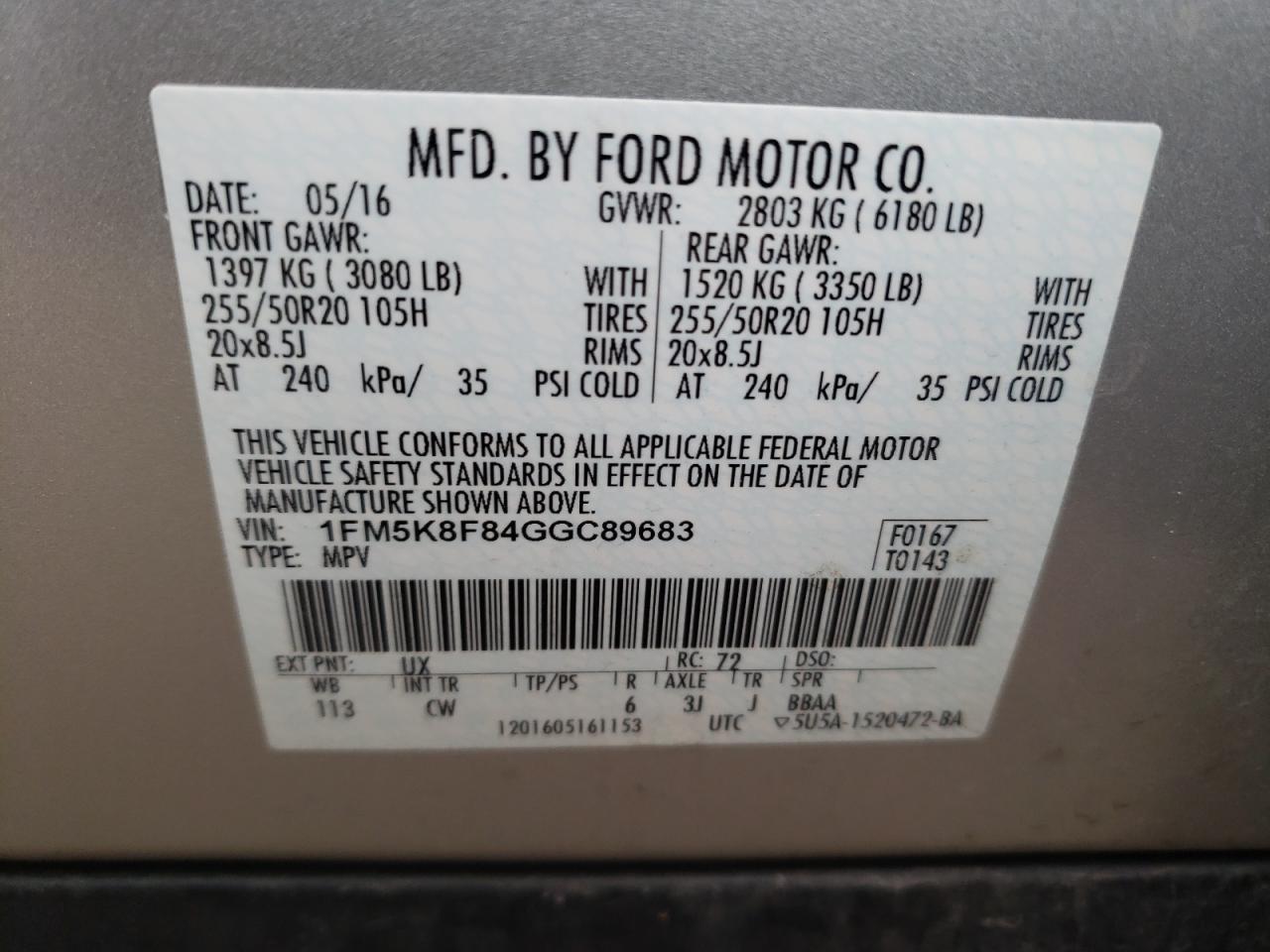 Photo 10 from auction – 2016 FORD EXPLORER L with VIN 1FM5K8F84GGC89683
