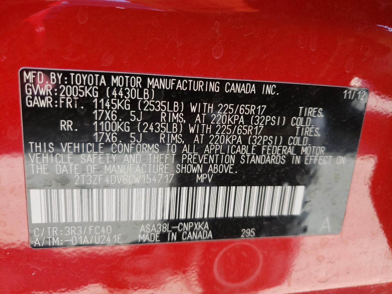 Photo 10 from auction – 2012 TOYOTA RAV4 with VIN 2T3ZF4DV8CW154717