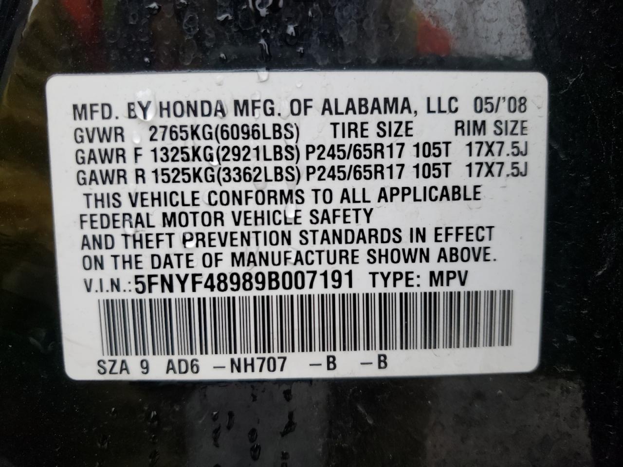 Photo 10 from auction – 2009 HONDA PILOT TOUR with VIN 5FNYF48989B007191