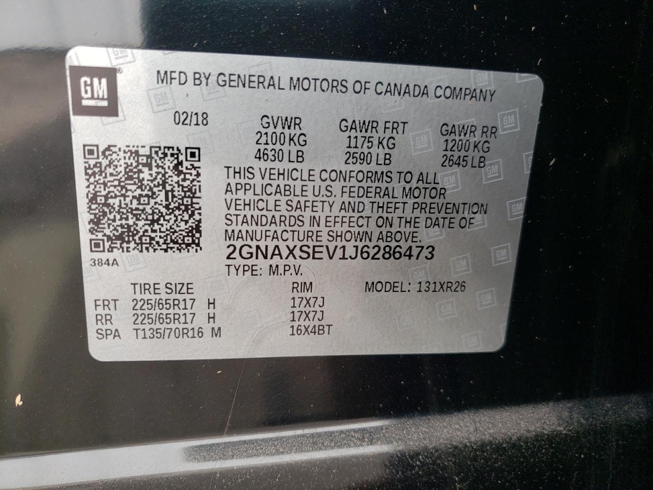 Photo 10 from auction – 2018 CHEVROLET EQUINOX LT with VIN 2GNAXSEV1J6286473