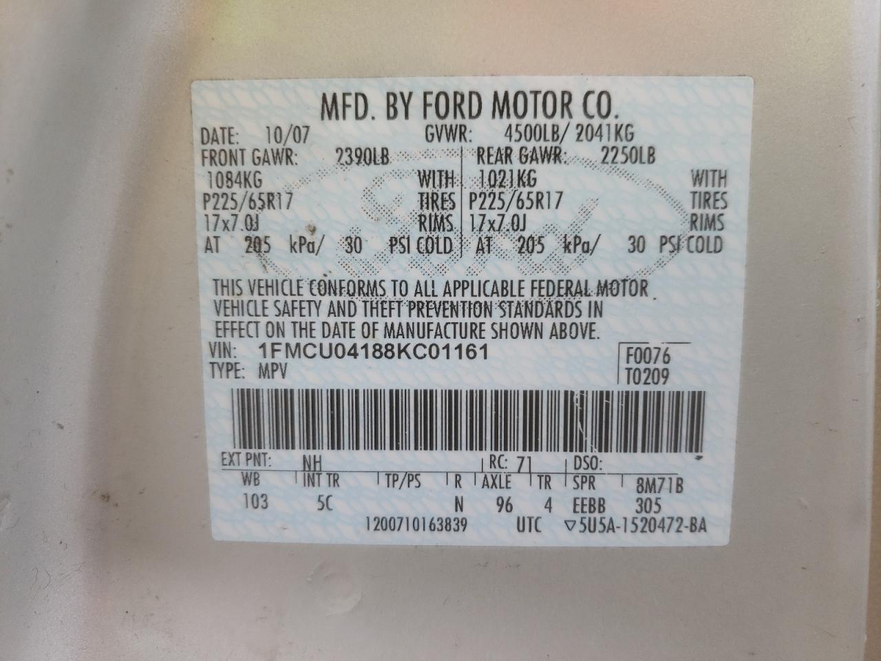 Photo 10 from auction – 2008 FORD ESCAPE LIM with VIN 1FMCU04188KC01161