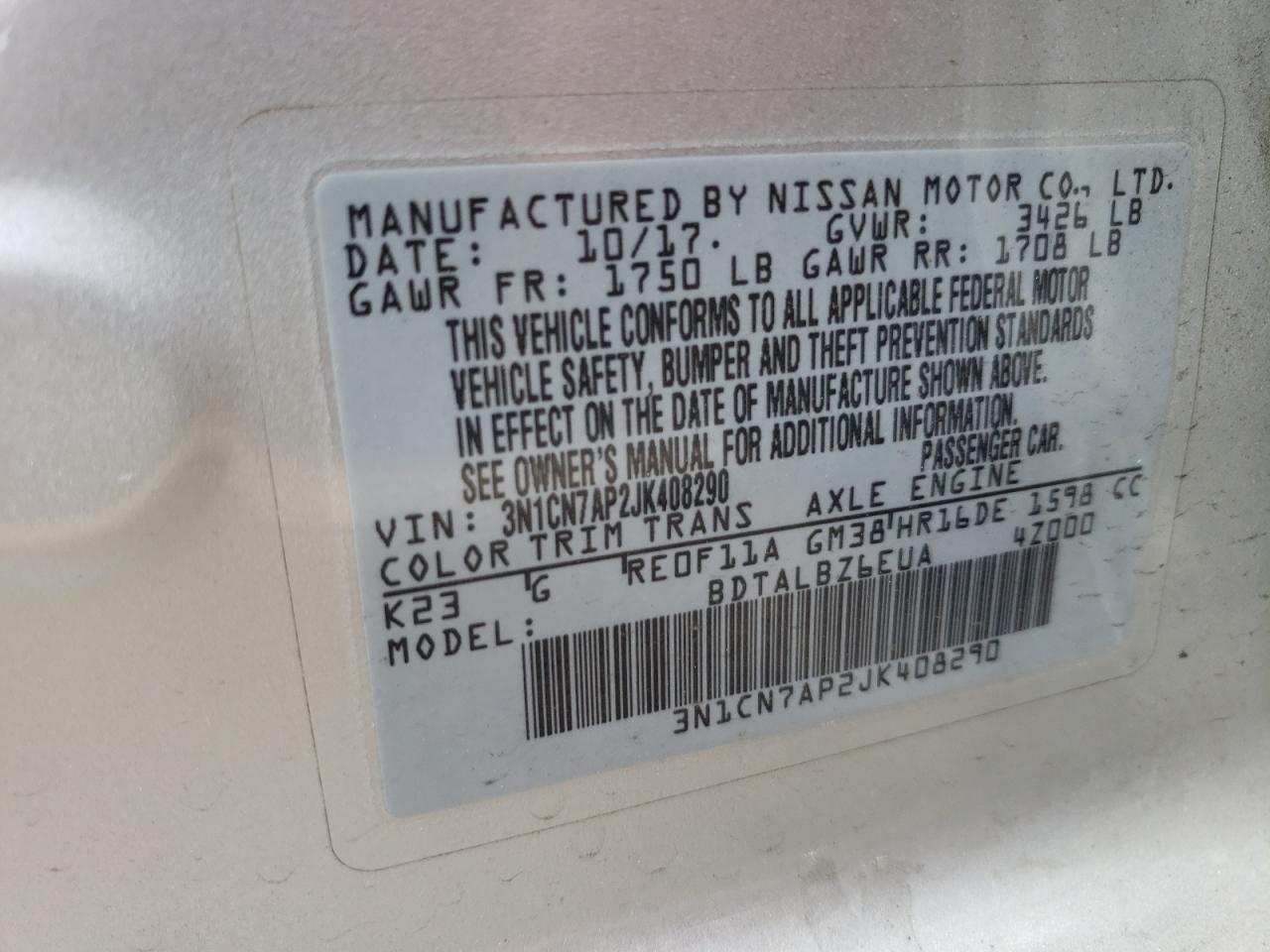 Photo 10 from auction – 2018 NISSAN VERSA S with VIN 3N1CN7AP2JK408290