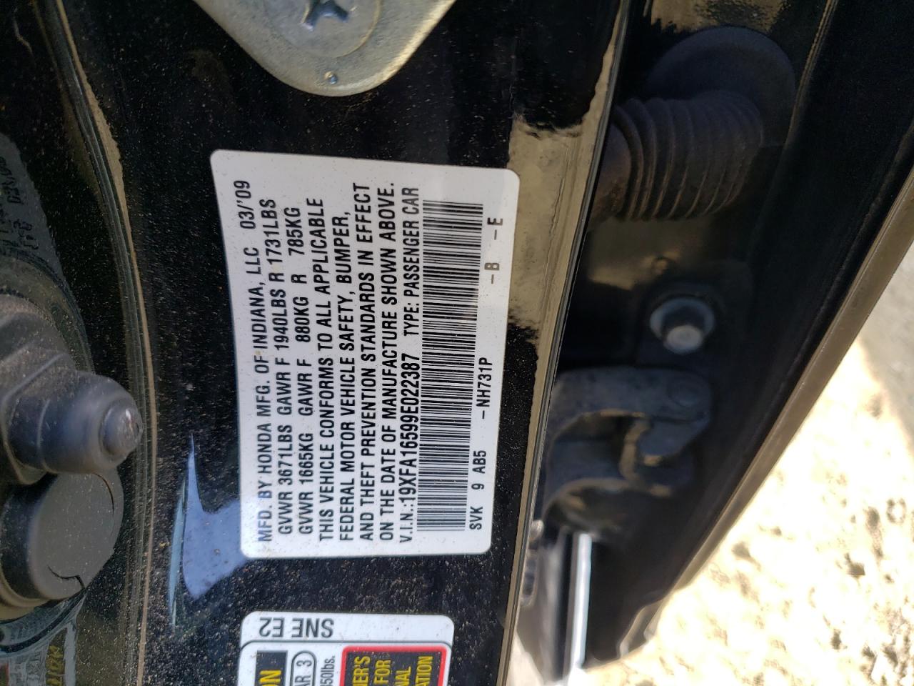 Photo 10 from auction – 2009 HONDA CIVIC LX with VIN 19XFA16599E022387