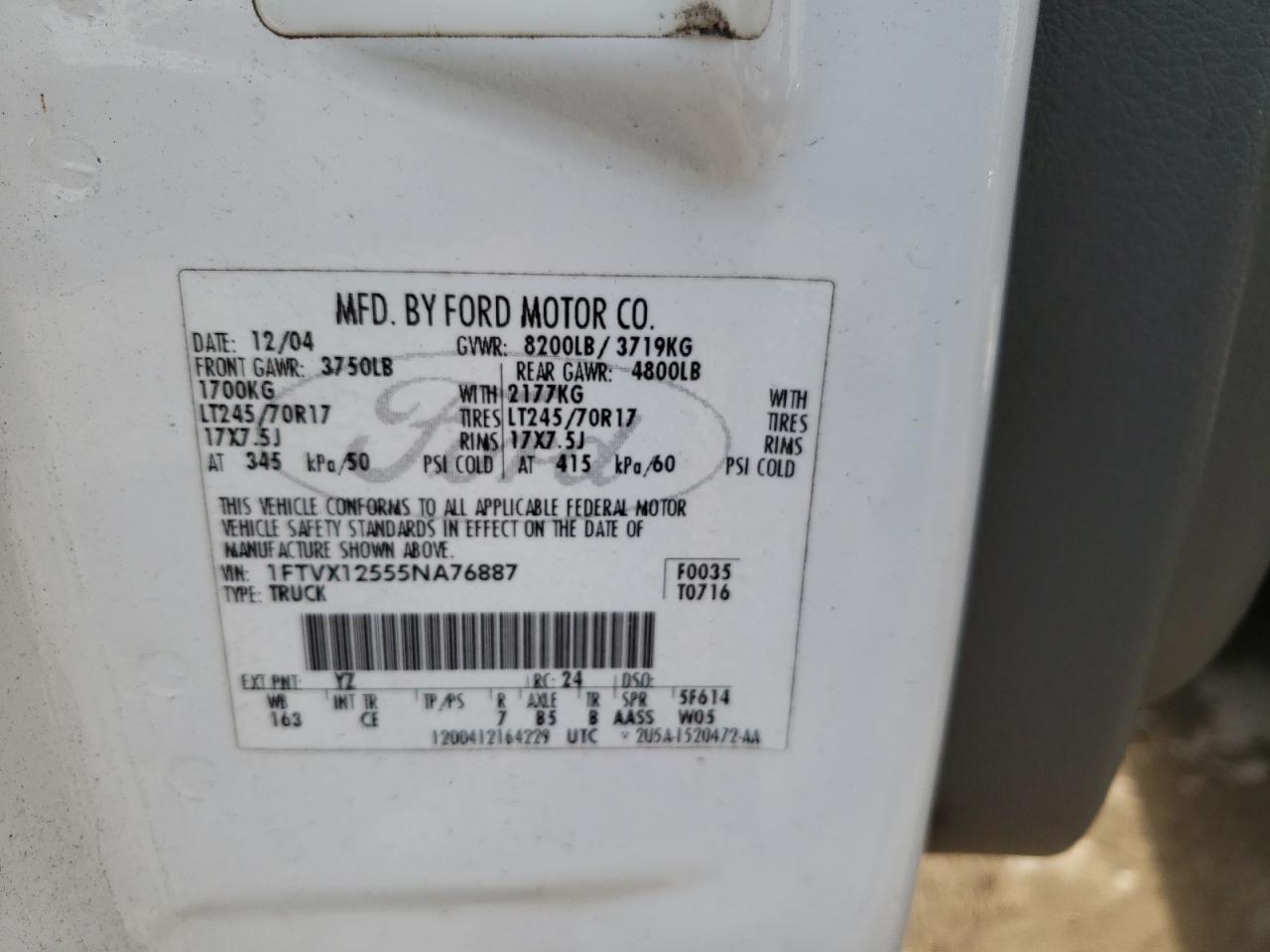 Photo 10 from auction – 2005 FORD F150 with VIN 1FTVX12555NA76887