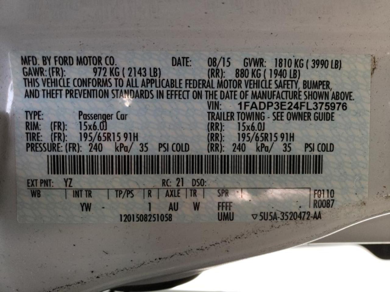 Photo 10 from auction – 2015 FORD FOCUS S with VIN 1FADP3E24FL375976